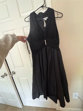 Jessica Howard Black One-Shoulder Cocktail Dress with Rhinestone Accent
